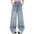 Load image into Gallery viewer, Rolanko Girls Ripped Heart Jeans Pink Distressed Denim Pants with Love Embroidery