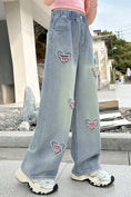 Load image into Gallery viewer, Rolanko Girls Ripped Heart Jeans Pink Distressed Denim Pants with Love Embroidery