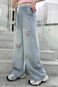 Load image into Gallery viewer, Rolanko Girls Ripped Heart Jeans Pink Distressed Denim Pants with Love Embroidery