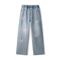 Load image into Gallery viewer, Rolanko Girls Ripped Heart Jeans Pink Distressed Denim Pants with Love Embroidery