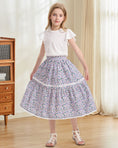 Load image into Gallery viewer, Rolanko Girls Floral Print A-Line High Waist Tiered Boho Maxi Skirt with Lace Trim