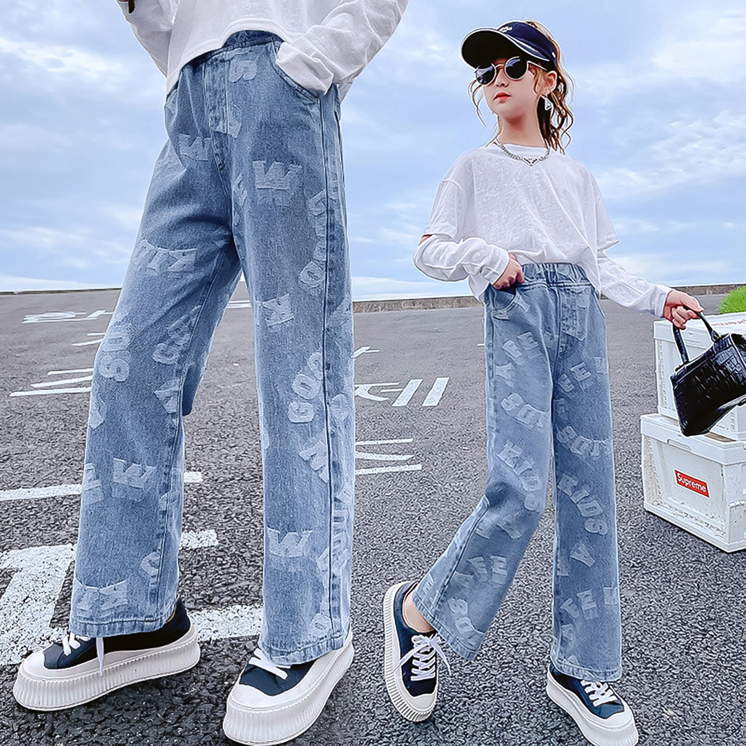 Girls' Round Letter Denim Wide Leg Pants