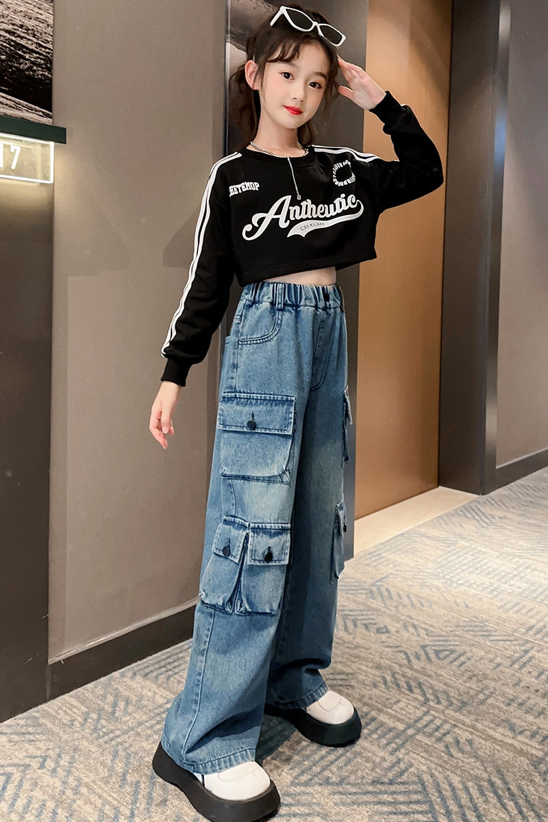 Girls Four Pocket Wide Leg Cargo Jeans