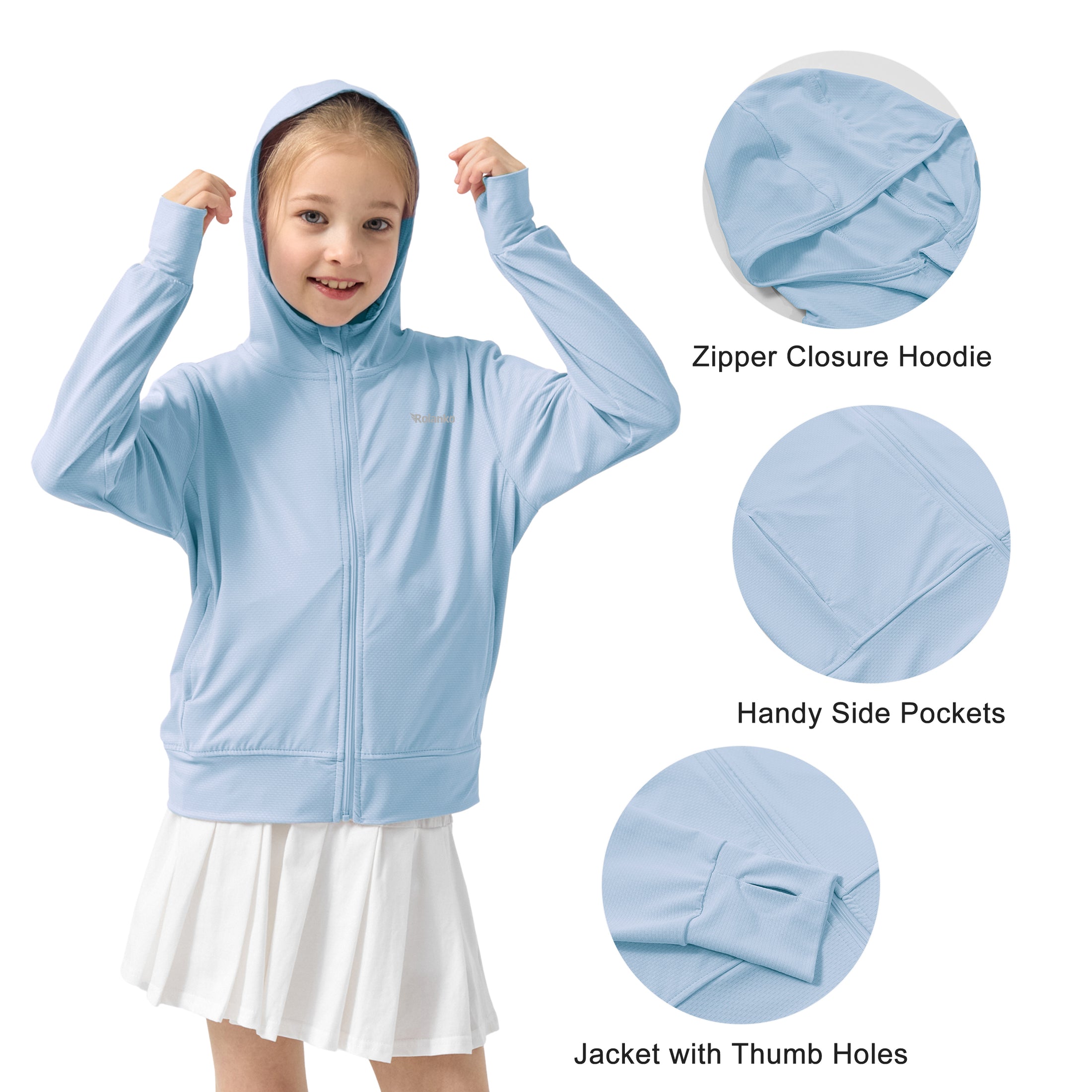 Rolanko Kids Zip Up Sun Hoodie UPF50+ with Thumbholes