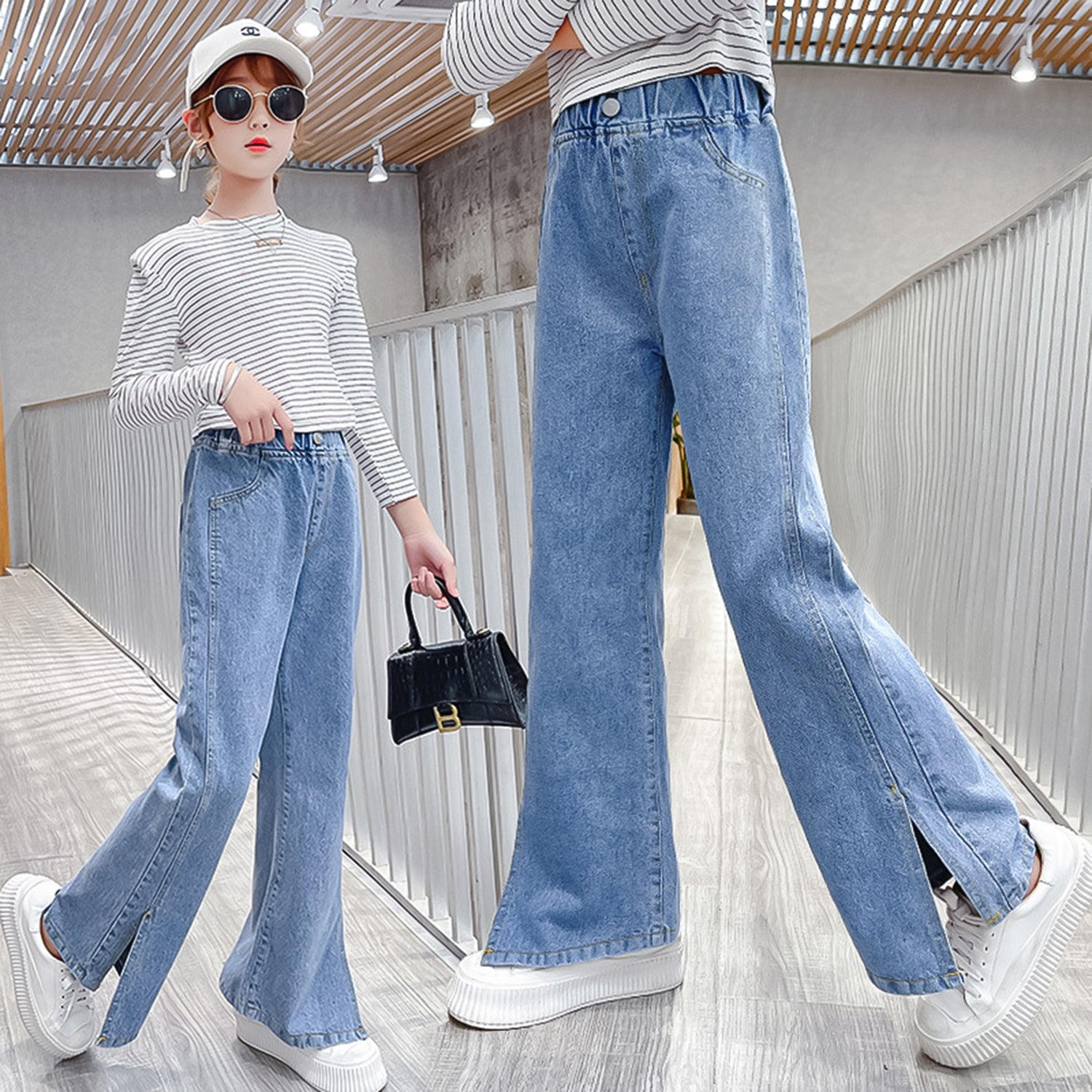 Girls Split Leg Denim Wide Leg Pants