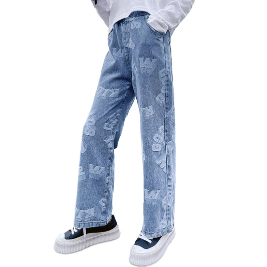 Pantaloni larghi in denim con lettera tonda da ragazza 