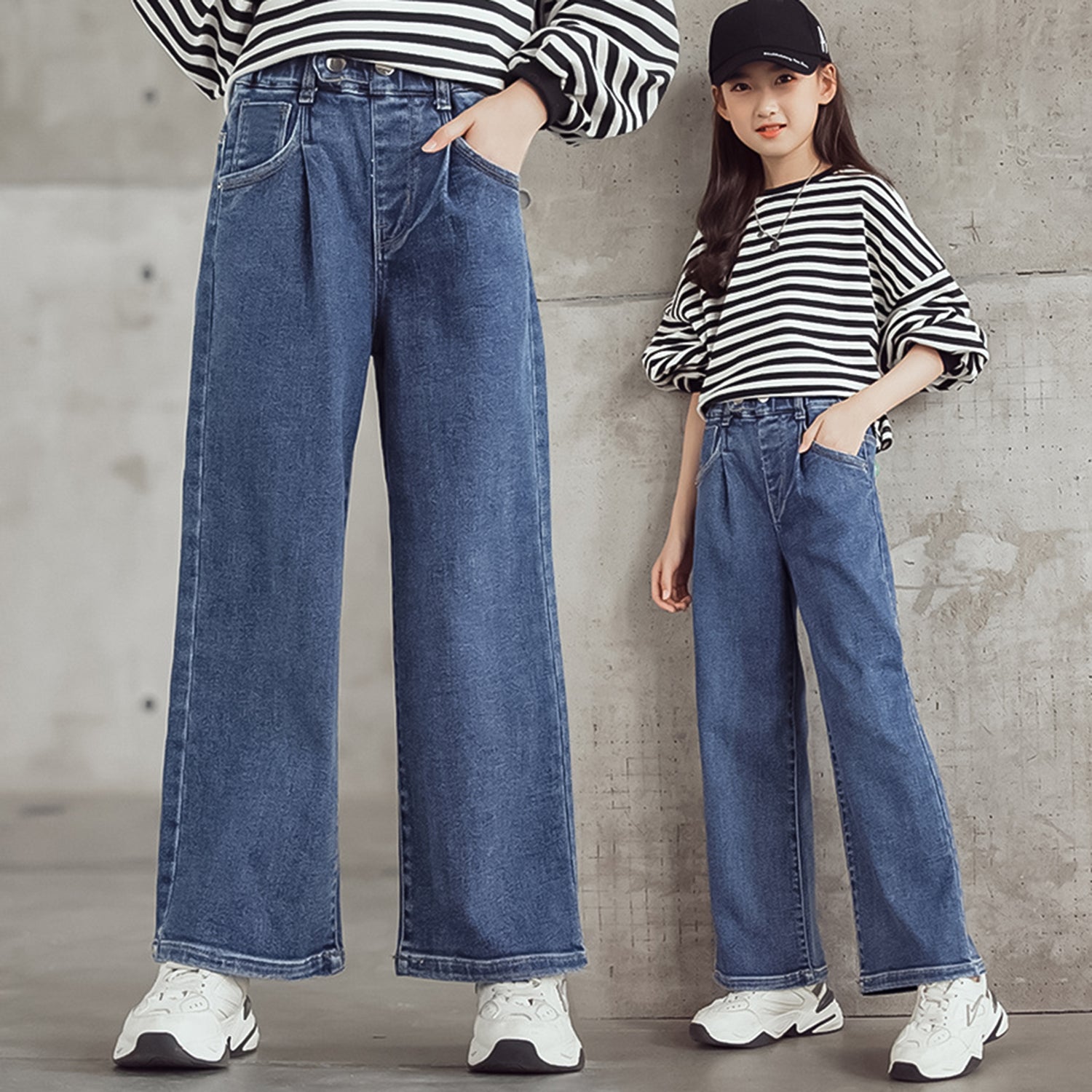 Girls Solid Color Denim Wide Leg Pants