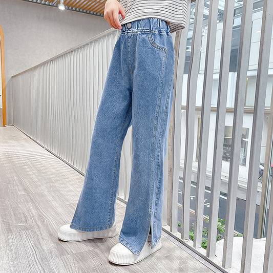 Pantaloni larghi in denim con gamba divisa da ragazza 