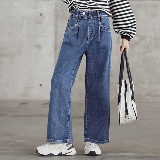 Pantaloni a gamba larga in denim tinta unita da bambina 