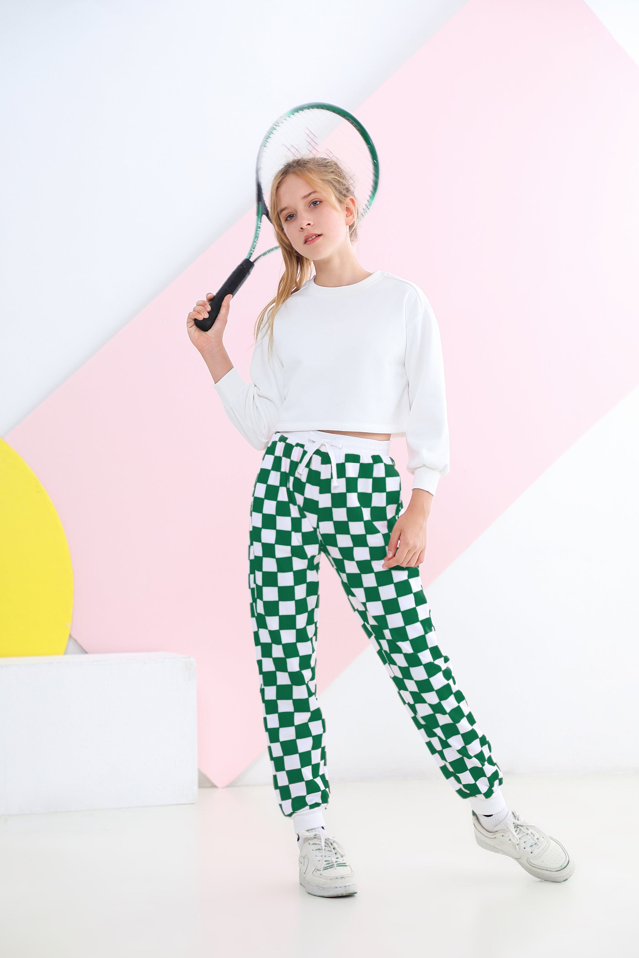 Girl's Pink Green Plaid Trousers Outdoor Drawstring Sweatpants