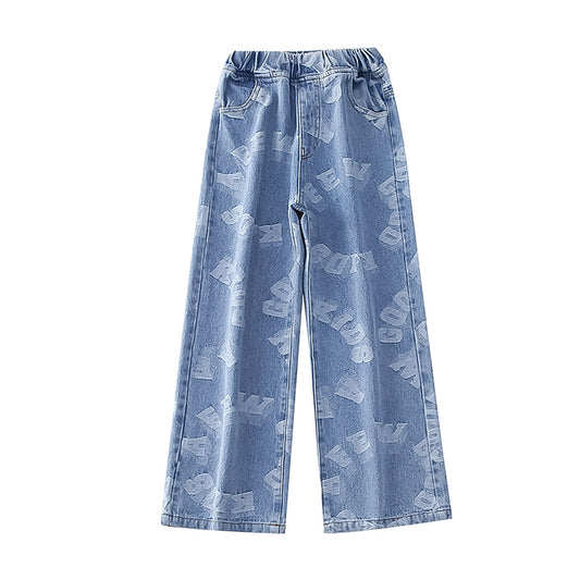 Pantaloni larghi in denim con lettera tonda da ragazza 
