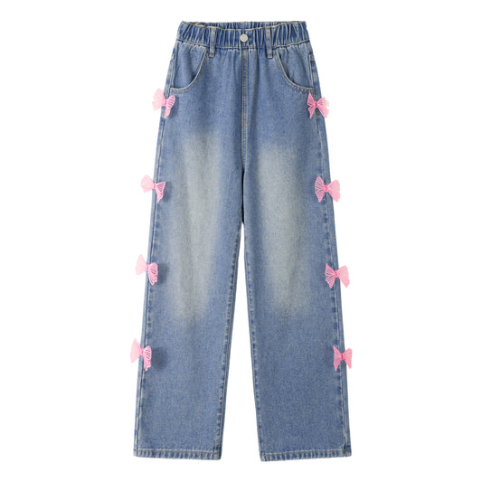 Side Pink Bow Wide Leg Jeans