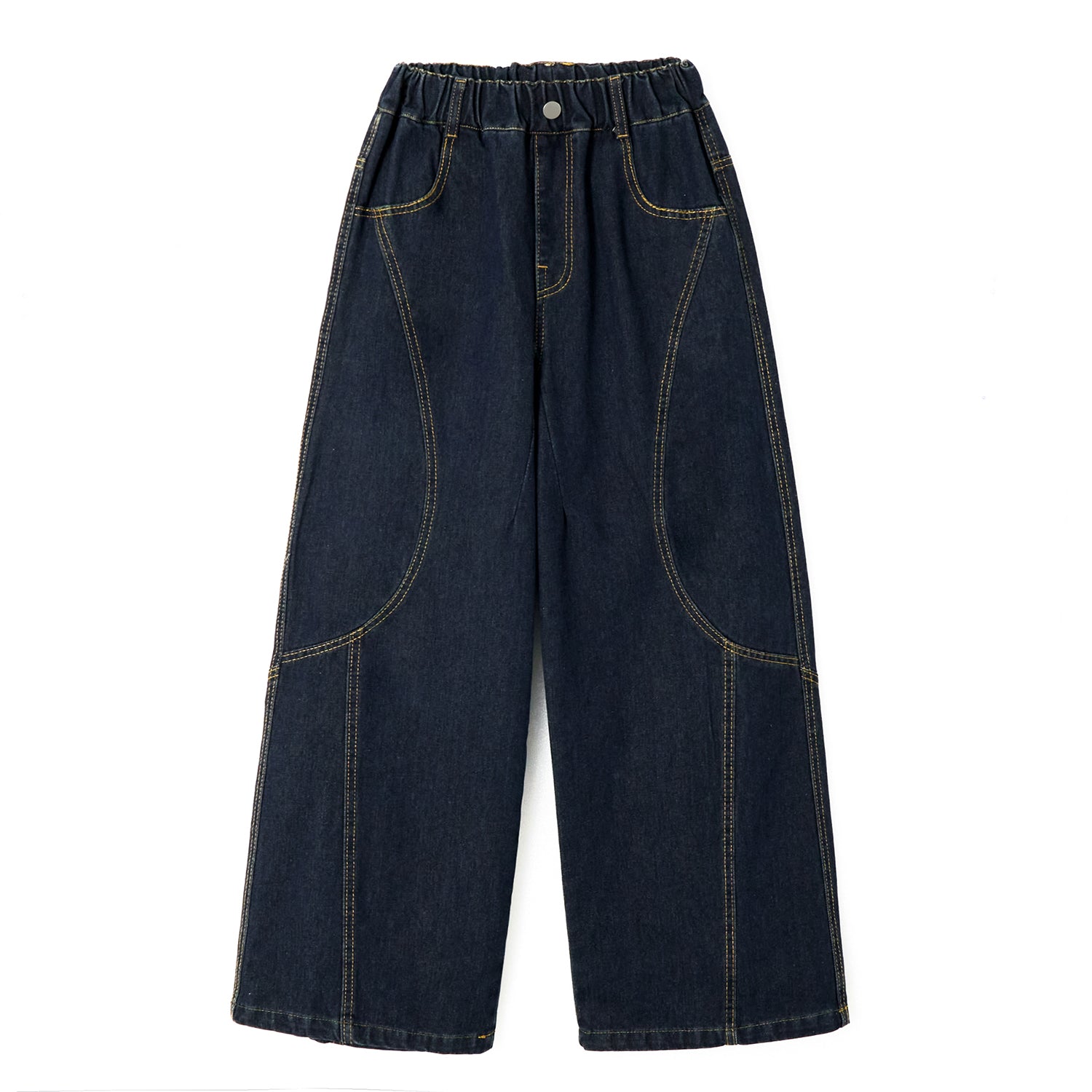 Girls Curved Topstitch Denim Blue Wide Leg Jeans