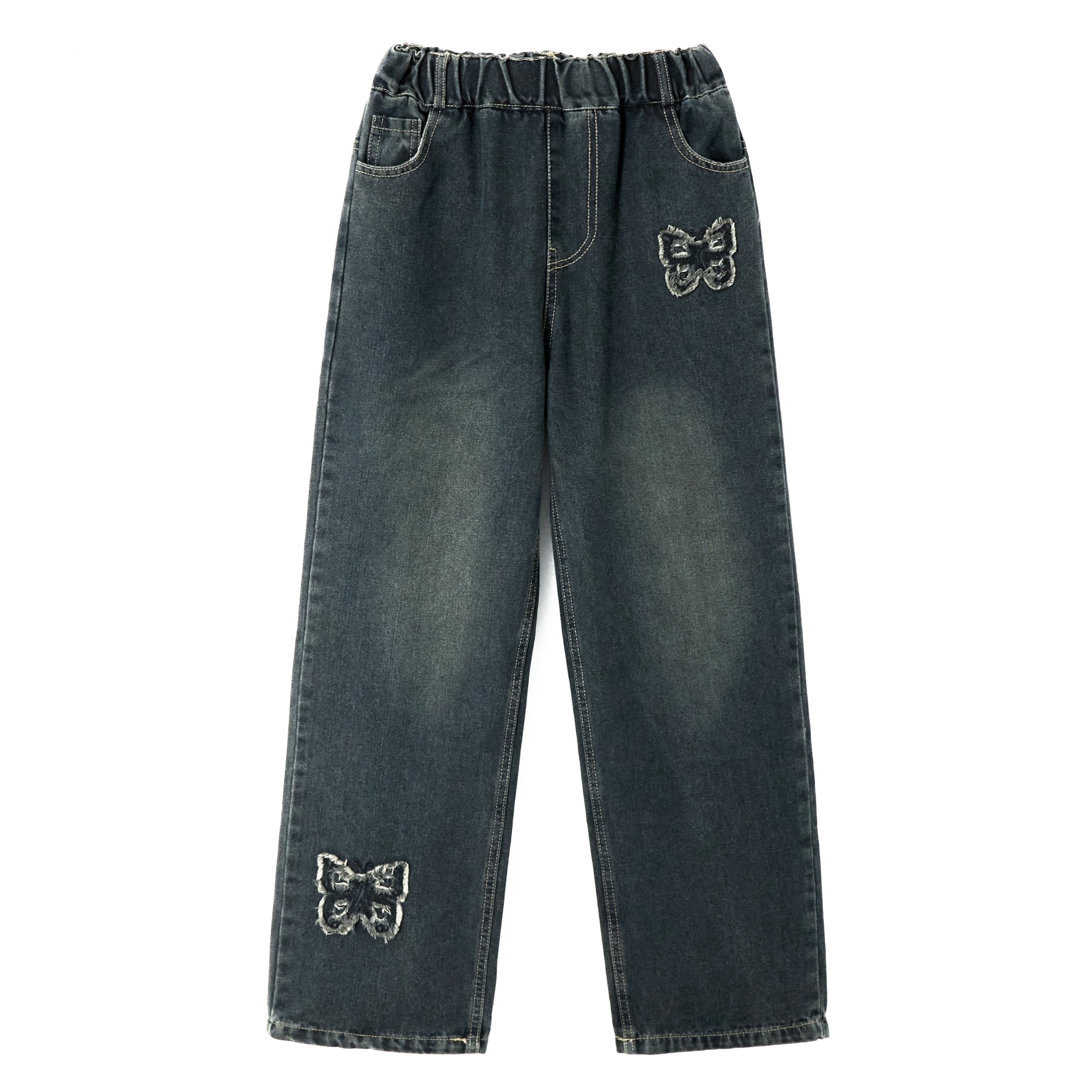 Girls Front Raw Edge Butterfly Wide Leg Jeans