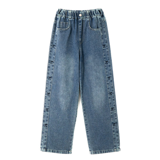 Girls Blue Side Bow Wide-Leg Jeans