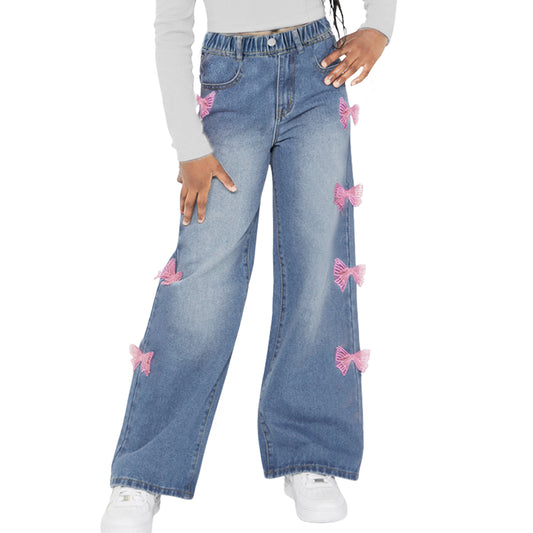 Side Pink Bow Wide Leg Jeans
