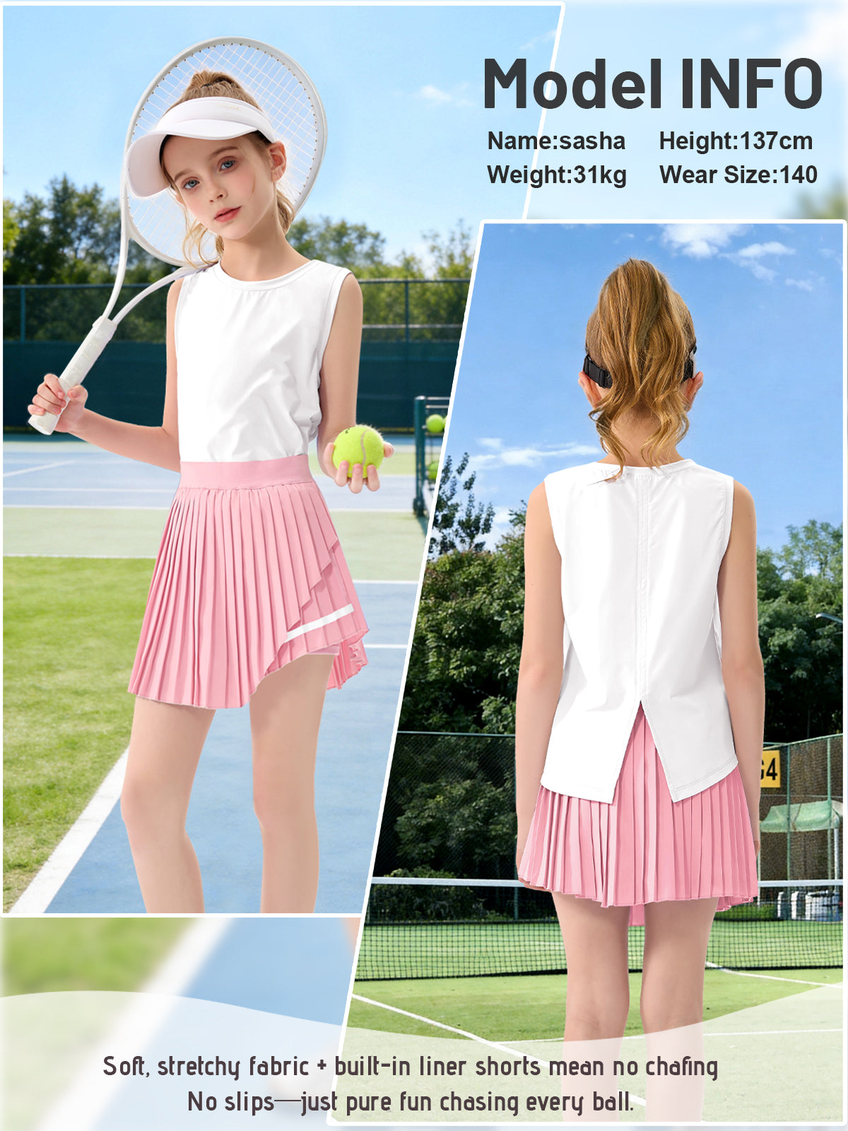 Rolanko Girls Tennis Skirt Set, UPF 50+ Tank Top & Pleated Skirt