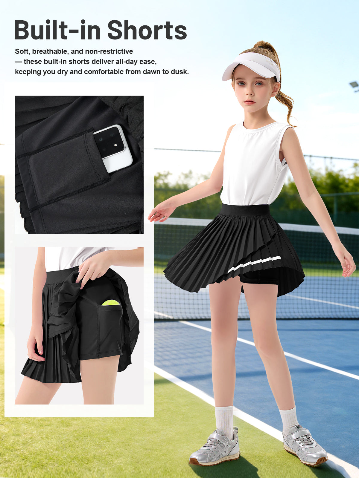 Rolanko Girls Tennis Skirt Set, UPF 50+ Tank Top & Pleated Skirt