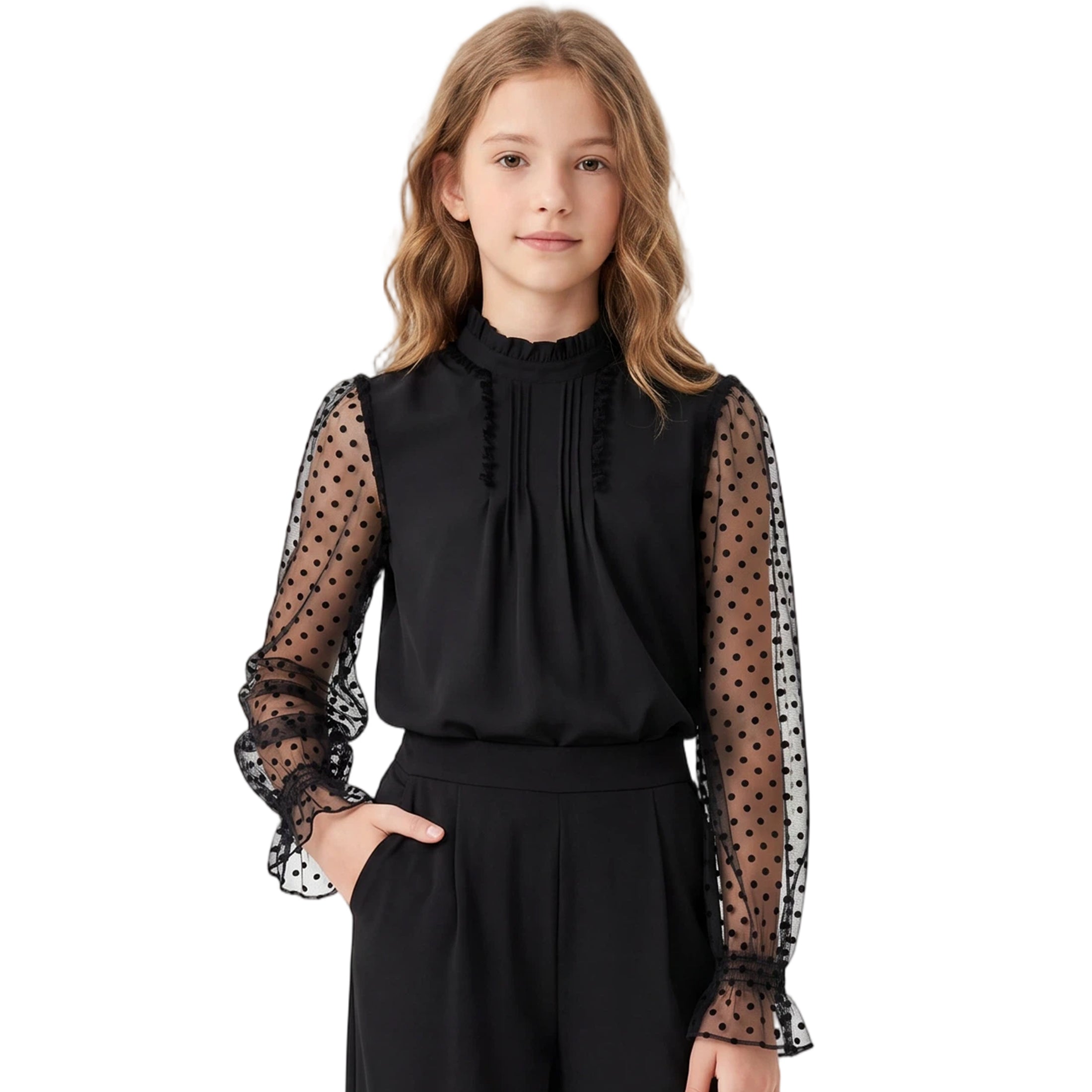 Girls Long Sleeve Shirts Chiffon Blouses with Polka Dot