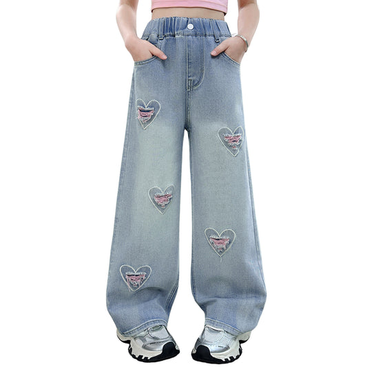 Rolanko Girls Ripped Heart Jeans Pink Distressed Denim Pants with Love Embroidery
