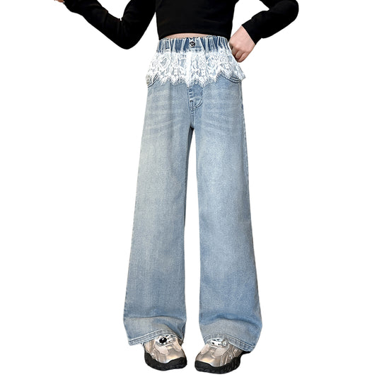 Rolanko Teen Girls Light Blue Stretch Denim Pants with Feminine Lace Trim