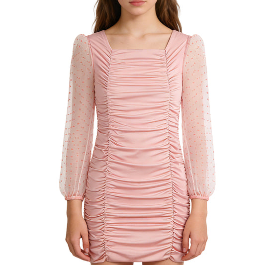 Long Sleeve Mesh Square Neck Fitted Dress