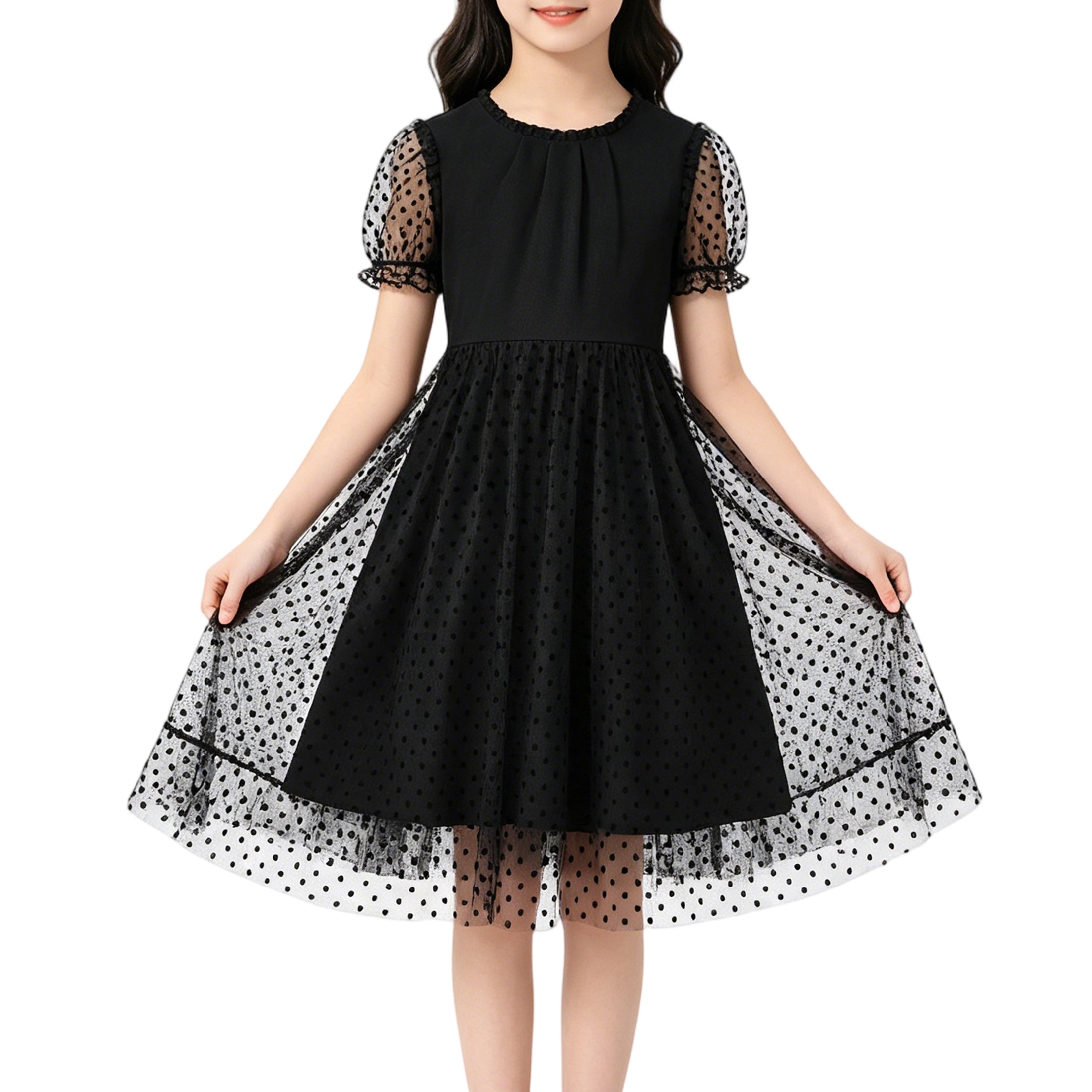 Rolanko Girls Contrast Mesh Ruffle Crew Neck Elegant Flower Wedding Prom Summer Dress