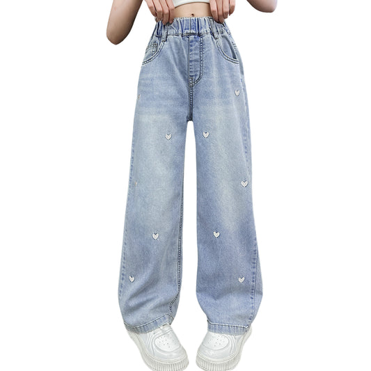 Girls All-Over Heart Embroidered Wide Leg Jeans