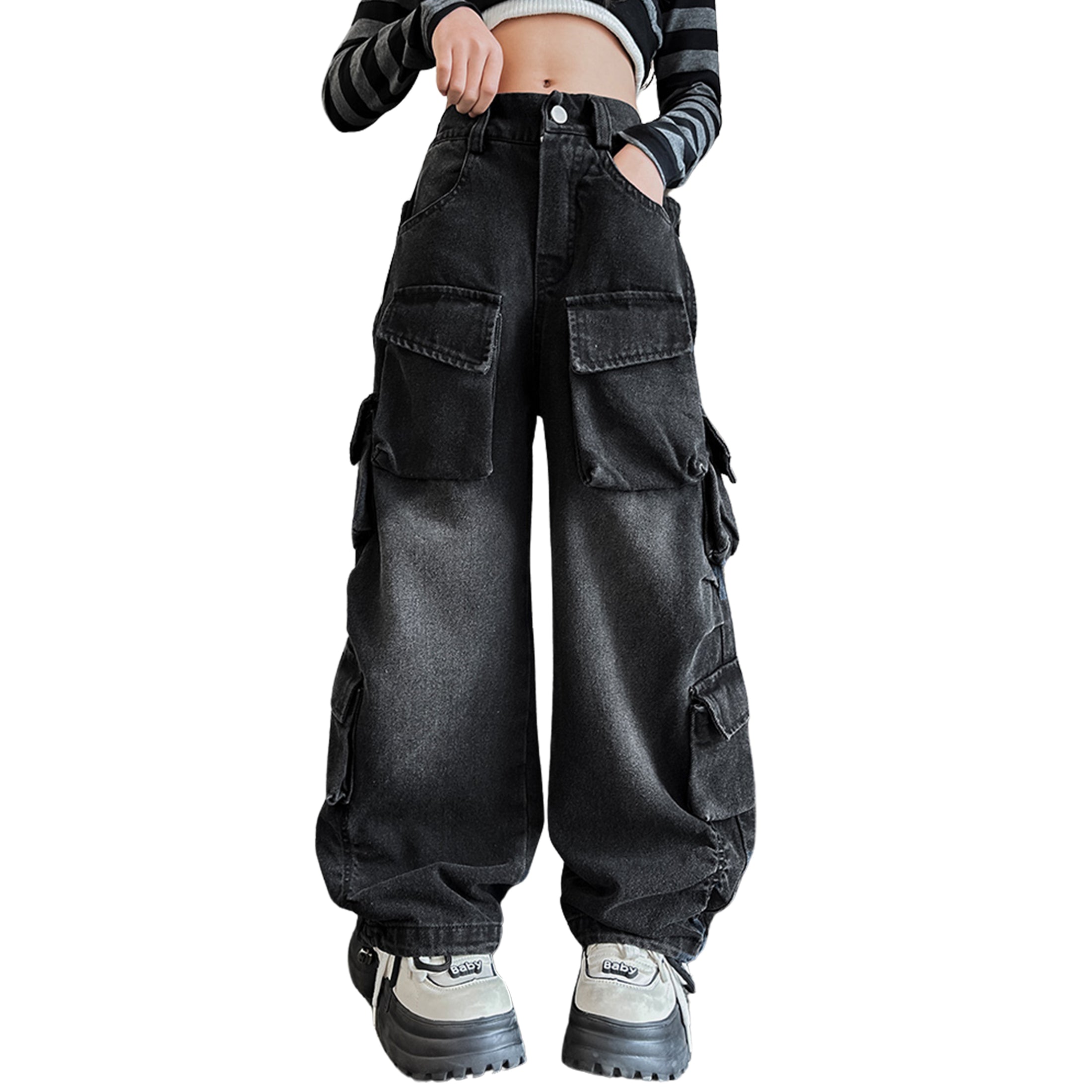 Girl's Casual High Waist Baggy Wide Leg Cargo Pants