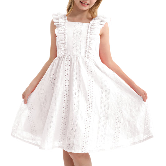 Rolanko Girls Ruffle Sleeve Square Neck Hollow Out Eyelet A Line Beach Vacation dress