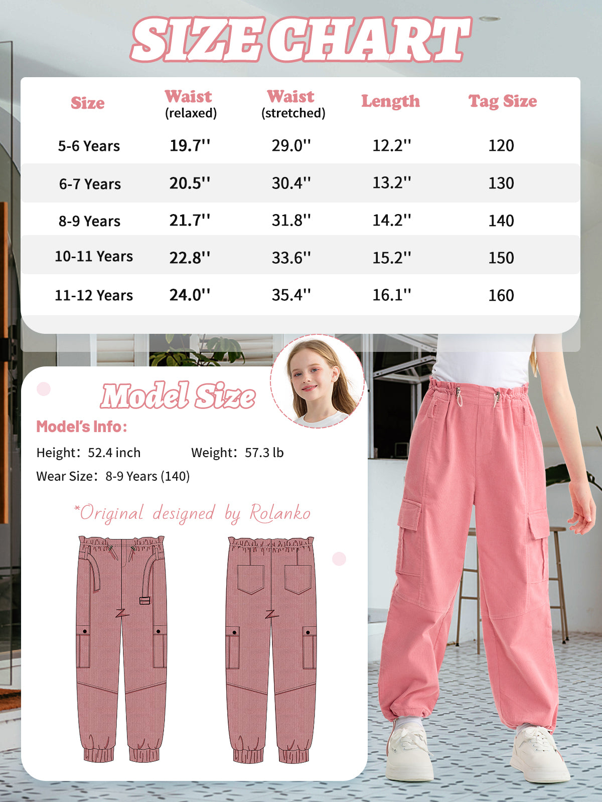 Girls Wide Leg Loose Cargo Pants with Belt