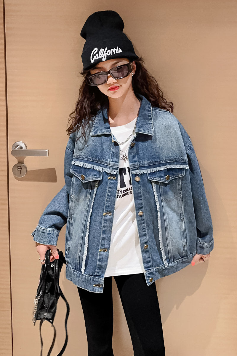 Girls Blue Ribbed Line Denim Jacket