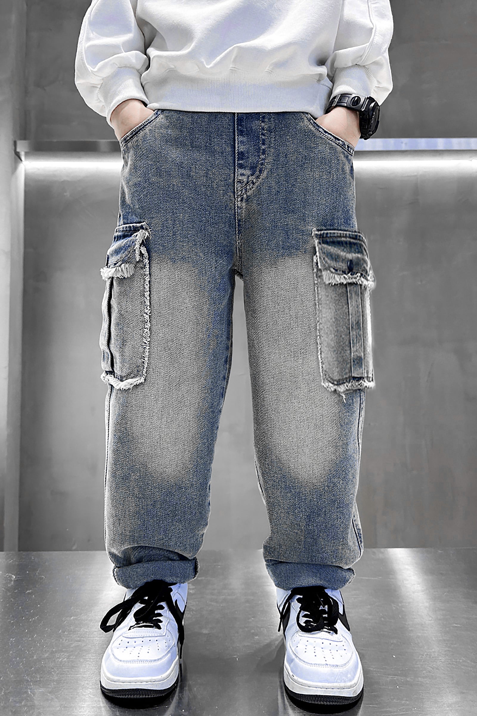 Boys Blue Raw Pocket Cargo Jeans