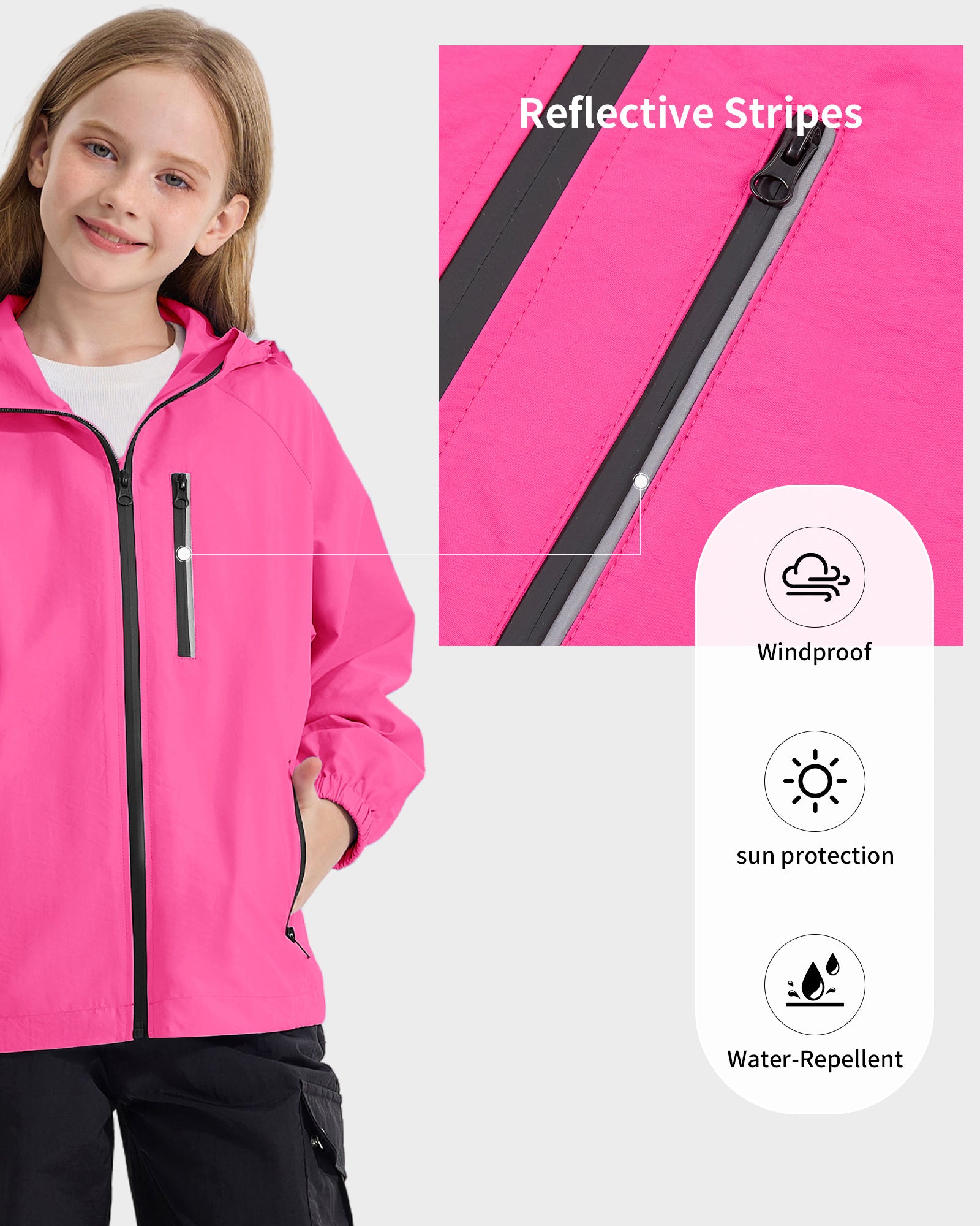 Girls' Solid Colour Windproof Jacket with Reflective Stripes