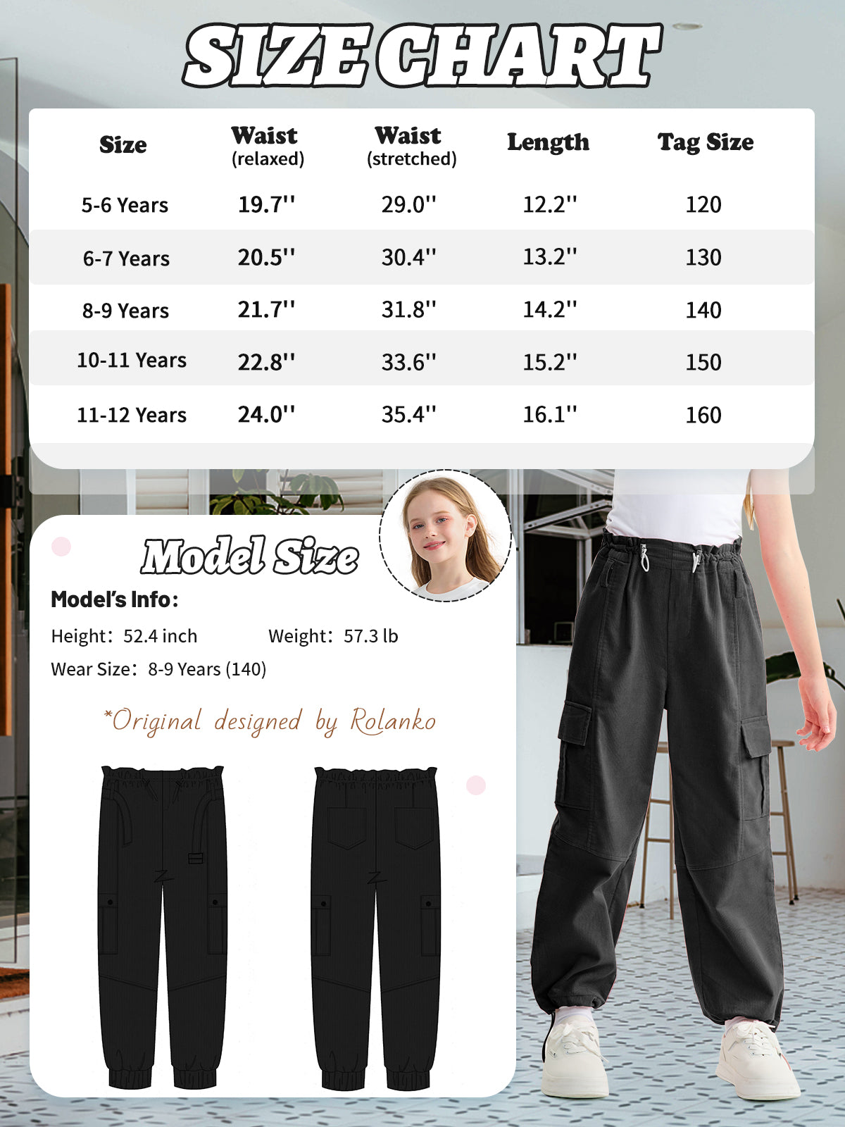 Girls Wide Leg Loose Cargo Pants with Belt