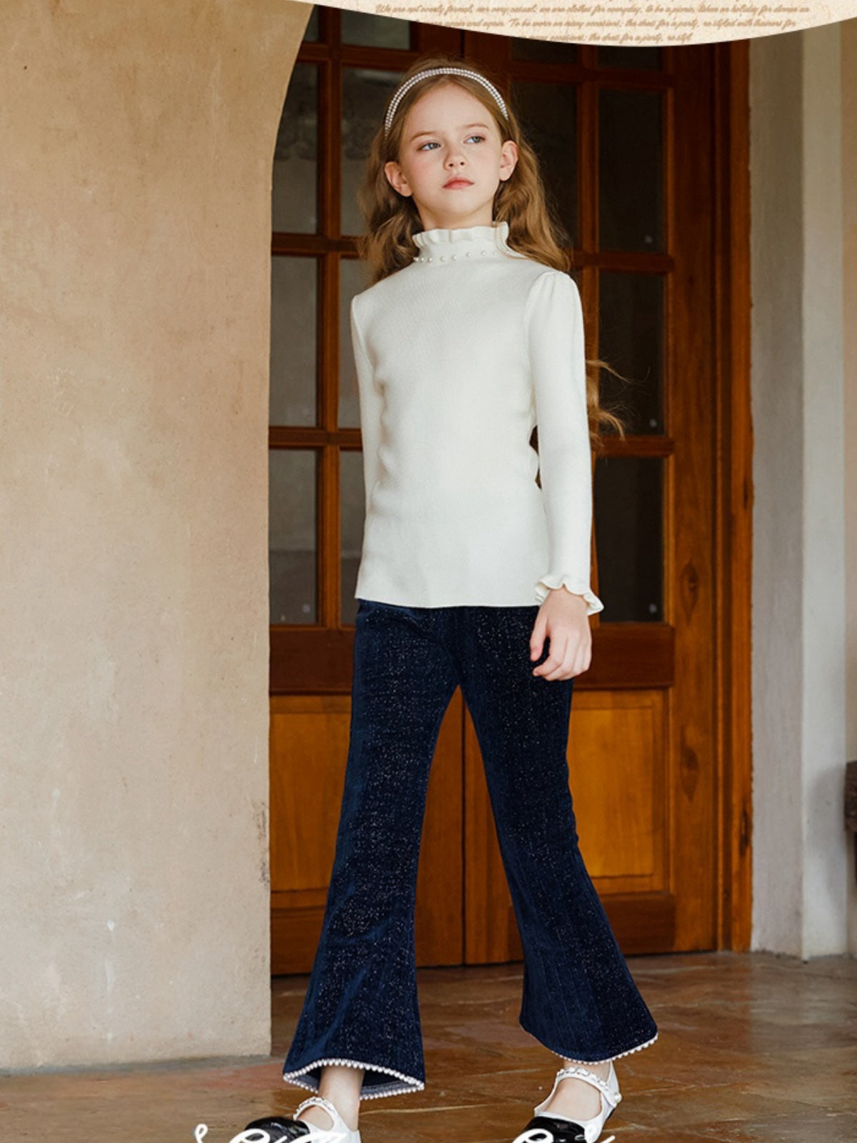 Rolanko Girls Chenille Silver Threaded with Pearls Sparkly Corduroy Flare Trousers