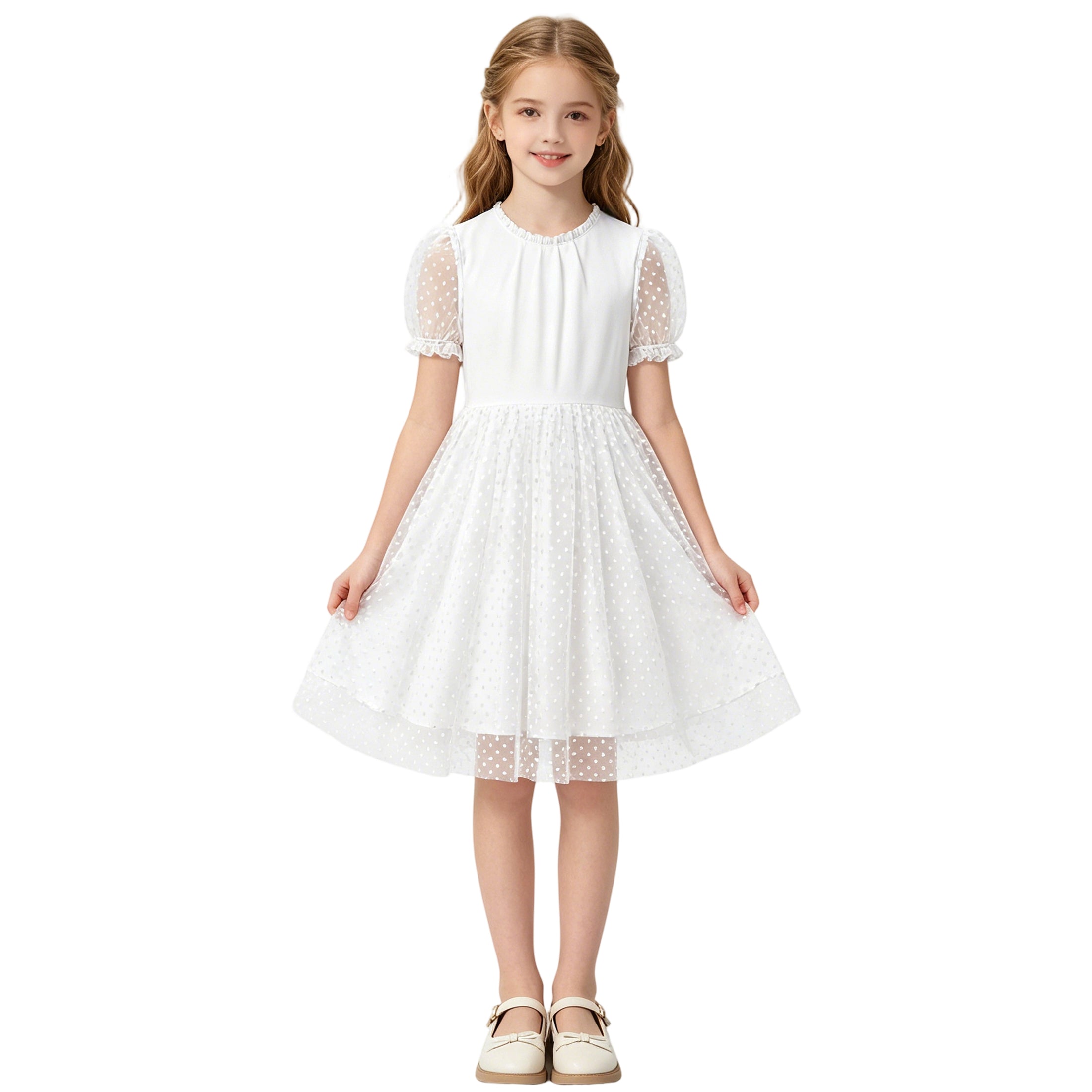 Rolanko Girls Contrast Mesh Ruffle Crew Neck Elegant Flower Wedding Prom Summer Dress