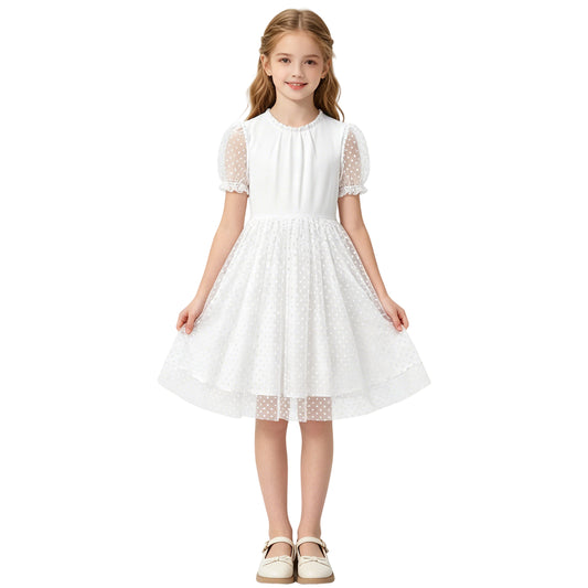 Rolanko Girls Contrast Mesh Ruffle Crew Neck Elegant Flower Wedding Prom Summer Dress