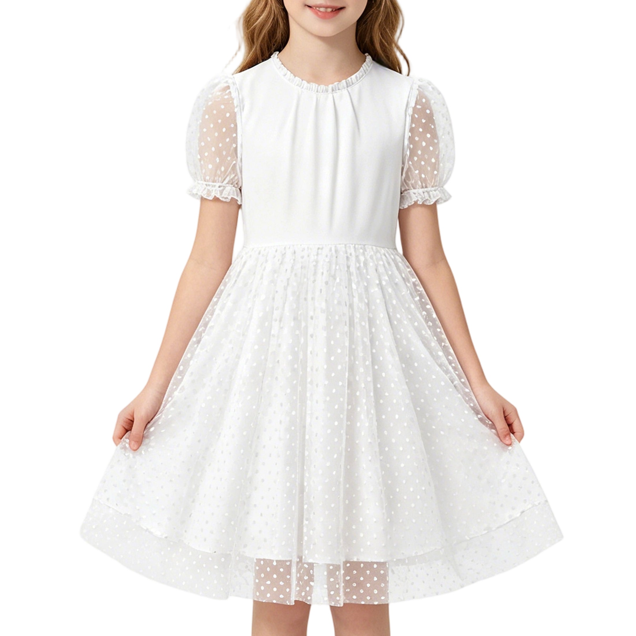 Rolanko Girls Contrast Mesh Ruffle Crew Neck Elegant Flower Wedding Prom Summer Dress