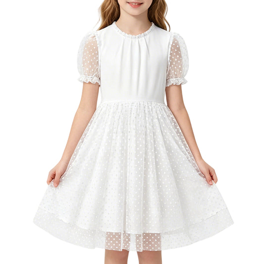 Rolanko Girls Contrast Mesh Ruffle Crew Neck Elegant Flower Wedding Prom Summer Dress
