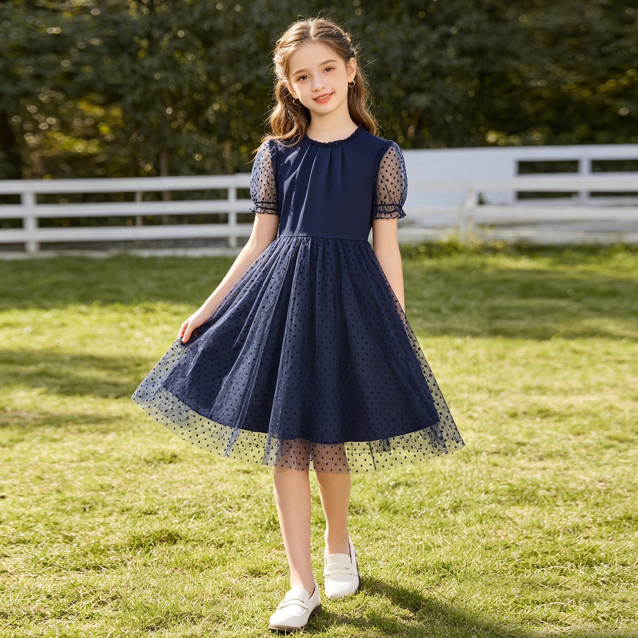 Rolanko Girls Contrast Mesh Ruffle Crew Neck Elegant Flower Wedding Prom Summer Dress