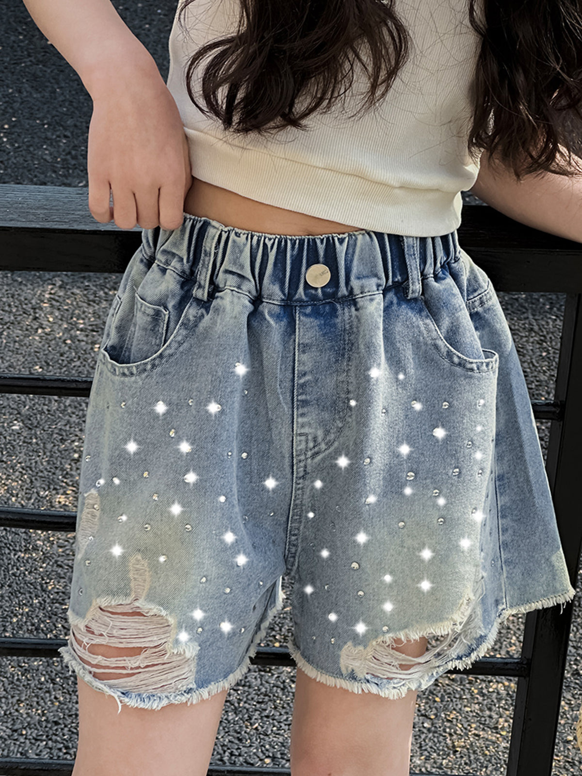 Rolanko Girls Elastic Waist Jean Shorts Wide Leg Baggy Denim Shorts