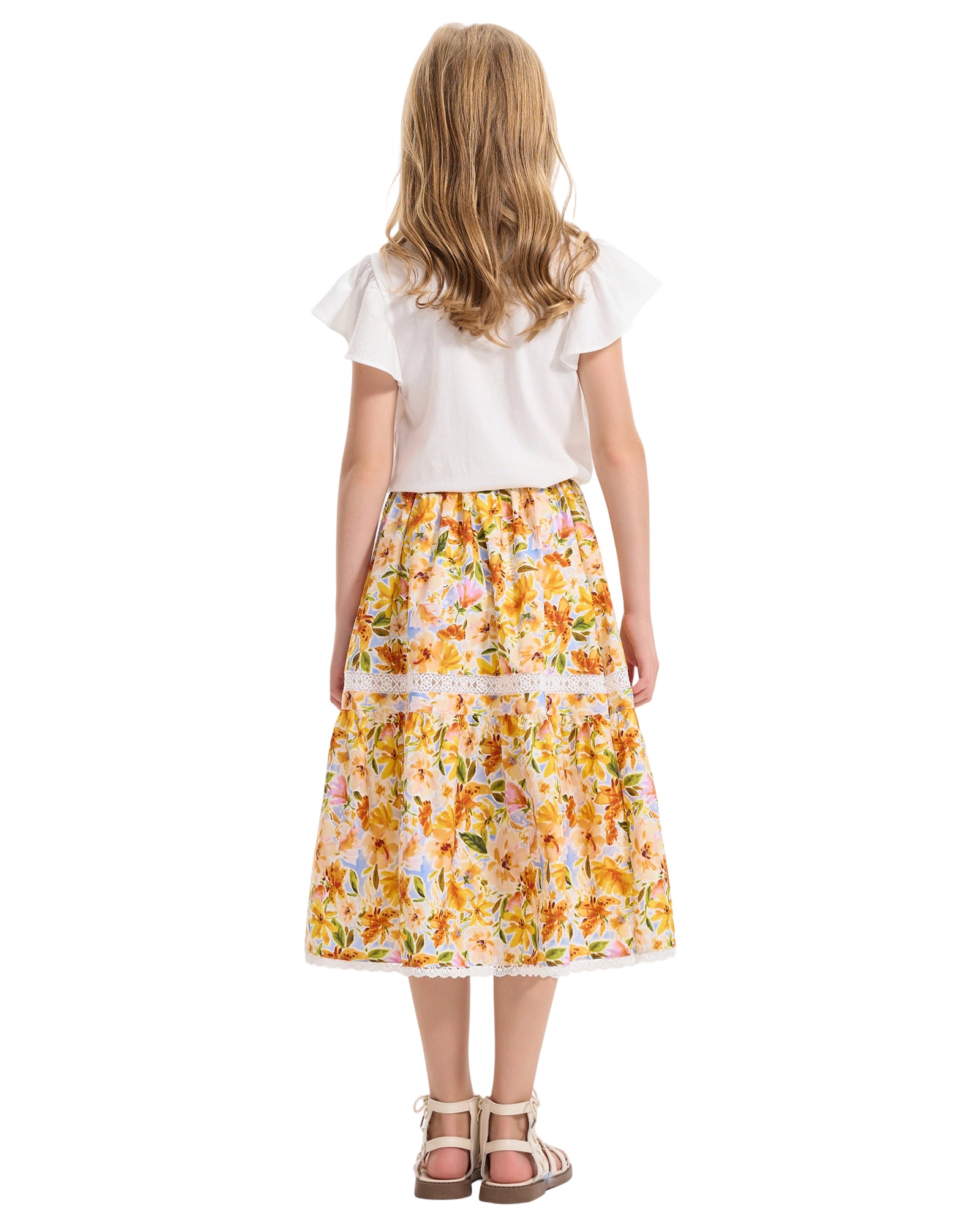 Rolanko Girls Floral Print A-Line High Waist Tiered Boho Maxi Skirt with Lace Trim