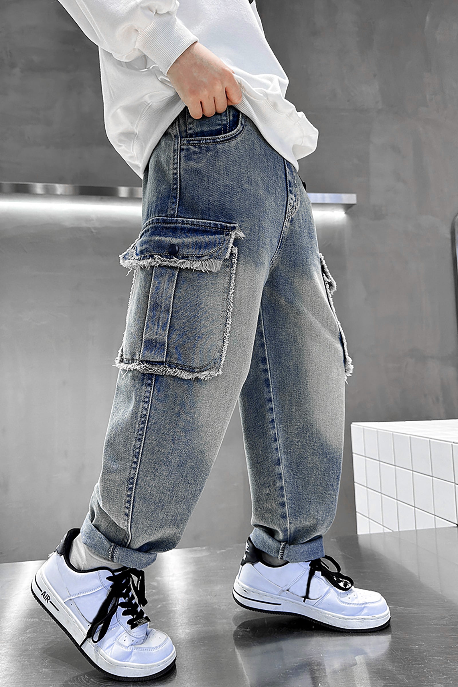 Boys Blue Raw Pocket Cargo Jeans