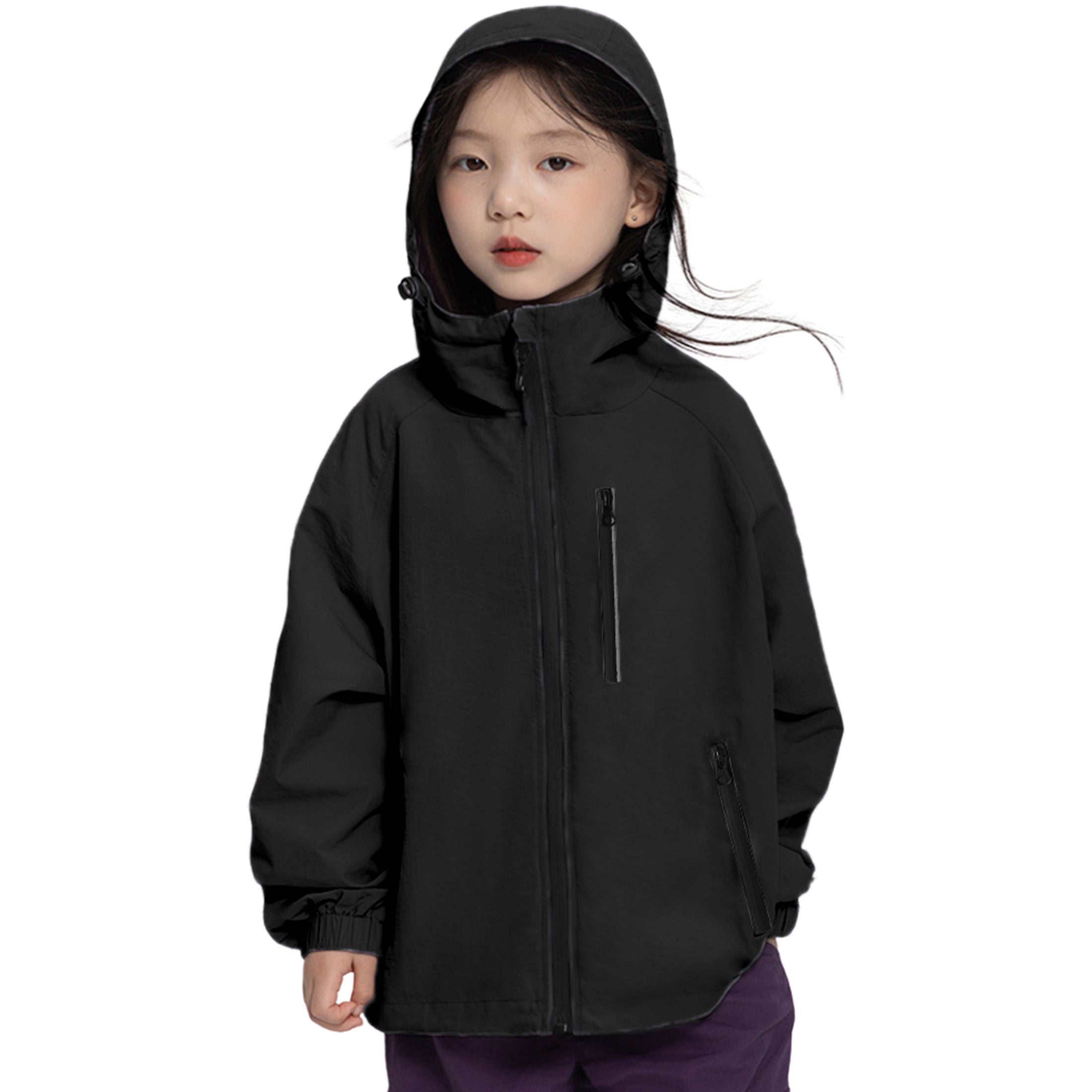 Girls' Solid Colour Windproof Jacket with Reflective Stripes