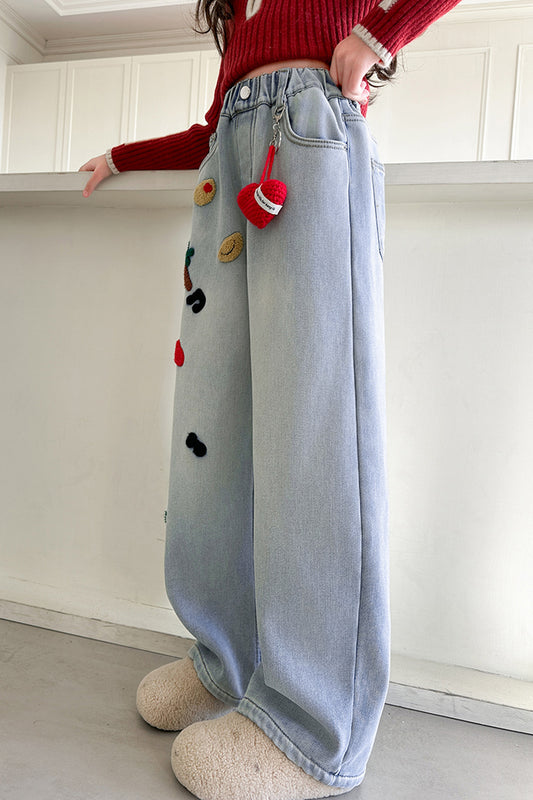 Rolanko Girls High Waist Wide Leg Towel Embroidery Jeans with 3D Floral Stitch
