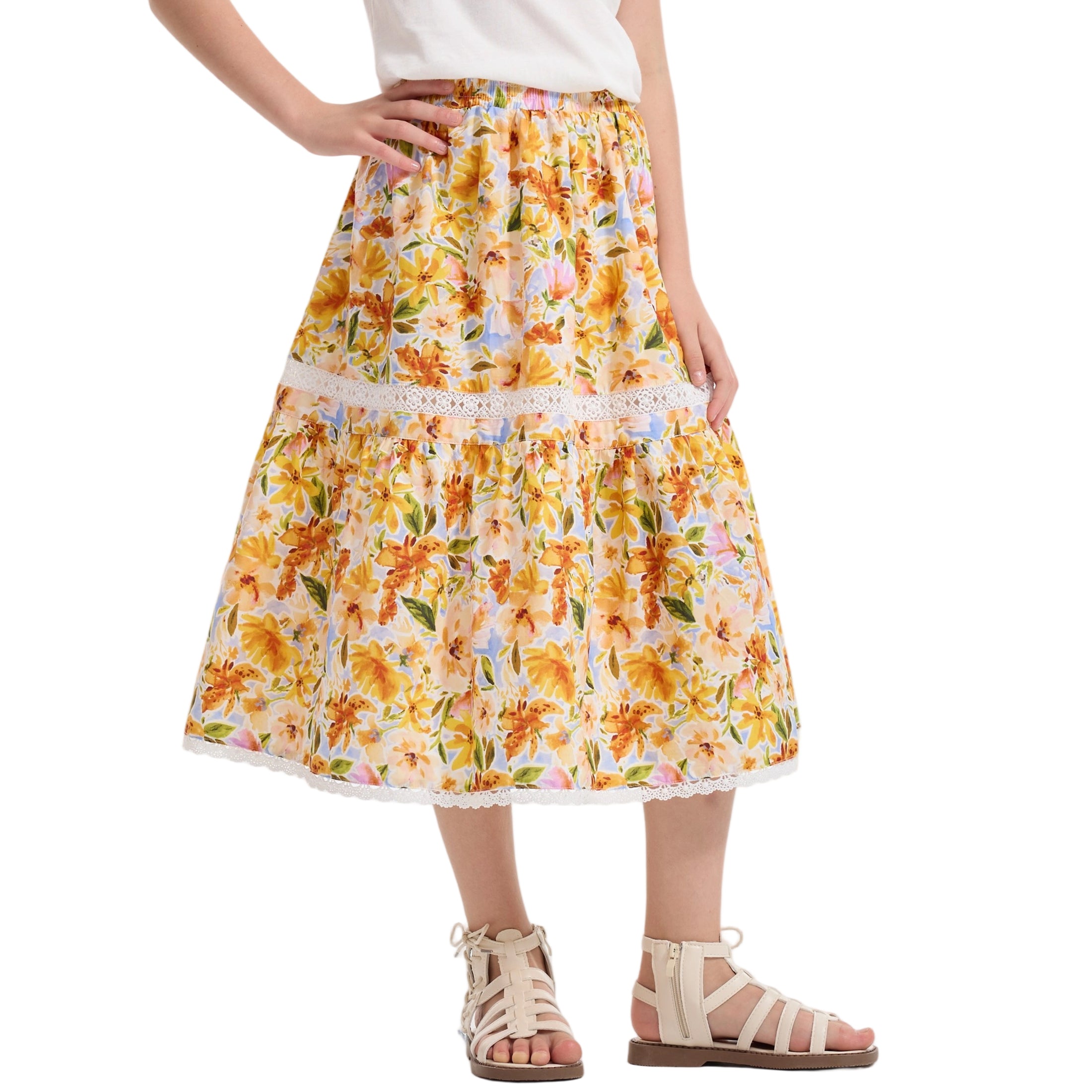 Rolanko Girls Floral Print A-Line High Waist Tiered Boho Maxi Skirt with Lace Trim