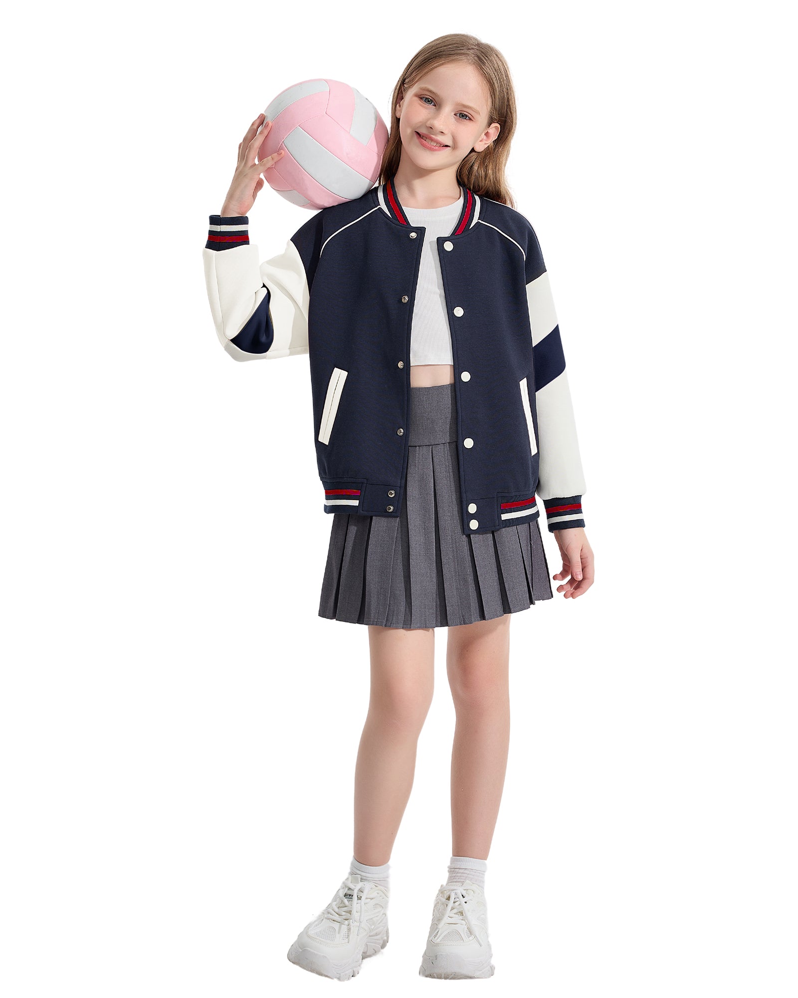 Girls Varsity Jackets Baseball Bomber Color Block Jacket Outwear With Pockets