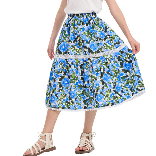 Rolanko Girls Floral Print A-Line High Waist Tiered Boho Maxi Skirt with Lace Trim