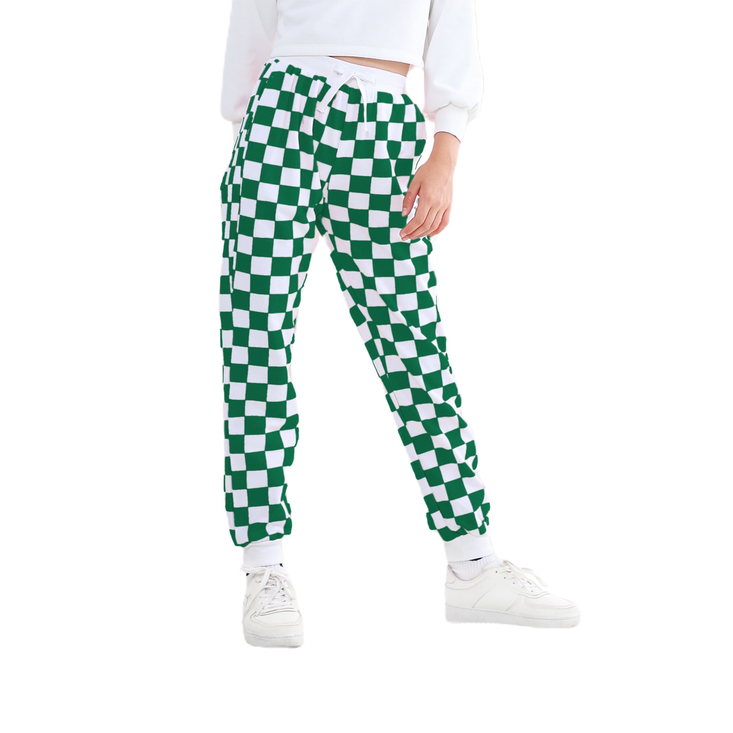 Girl's Pink Green Plaid Trousers Outdoor Drawstring Sweatpants